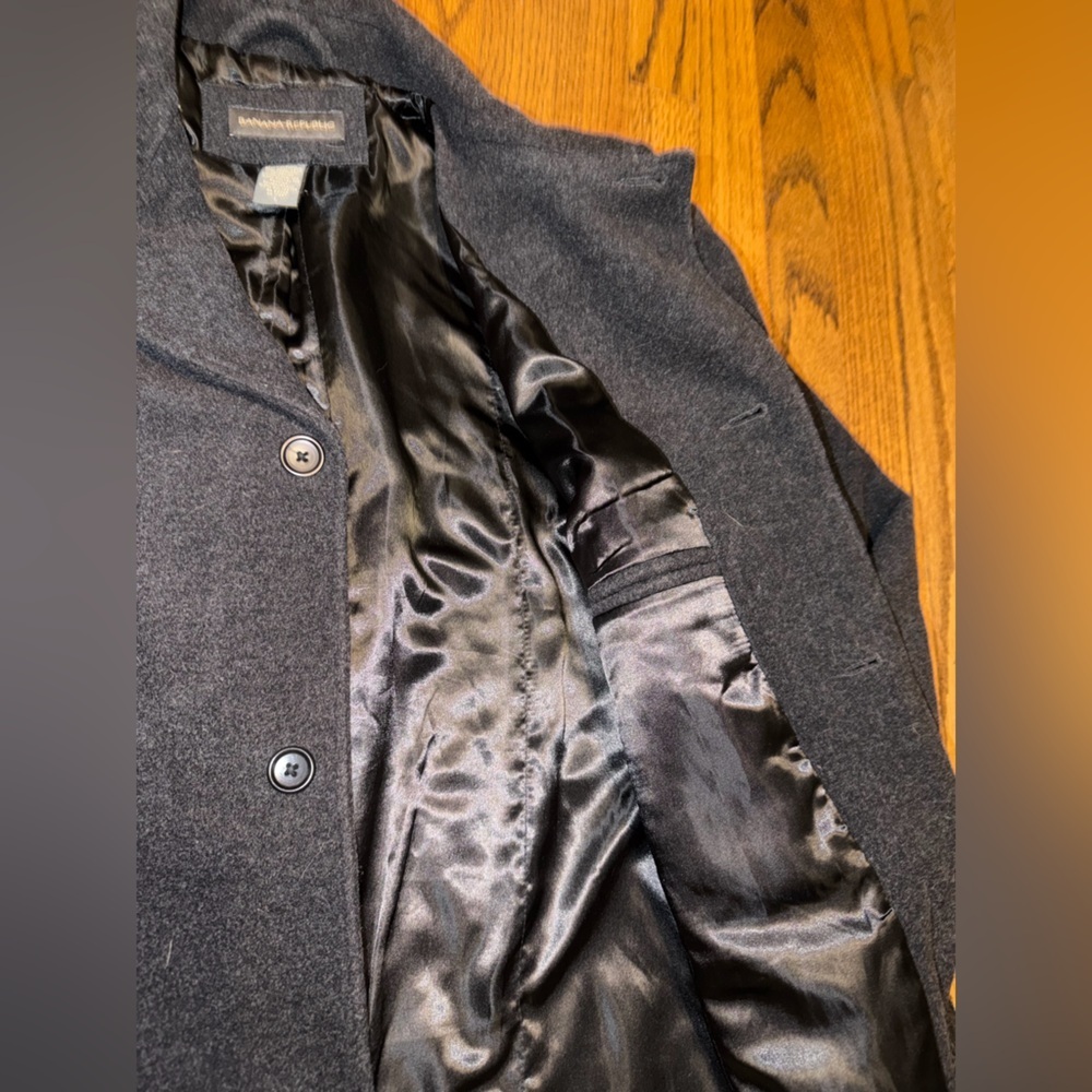 Banana Republic Wool & Cashmere Blend Heather Black Pea Coat Long Jacket Gray - Picture 3 of 6